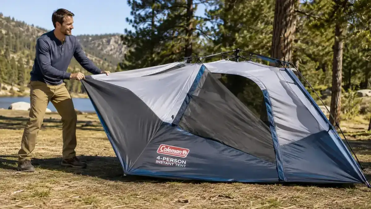 Dad unfolding pre-attached tent poles from a storage bag, the Coleman Instant Tent frame spreading open automatically