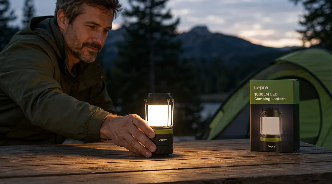 Hand plugging a USB-C cable into the bottom port of a green LED camping lantern at a campsite