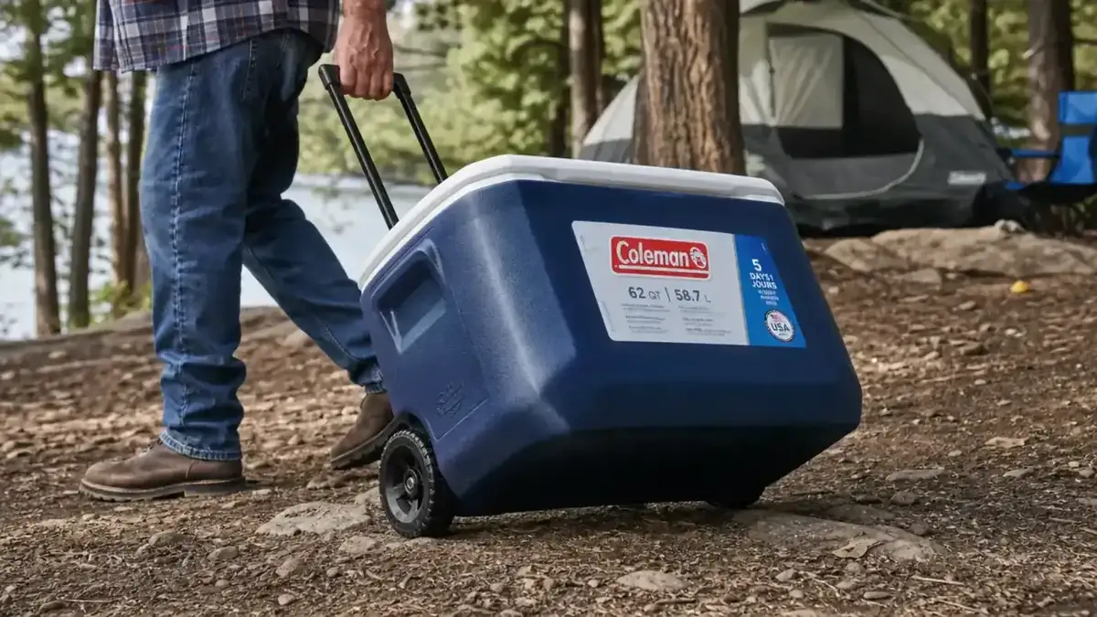 Person pulling Coleman rolling cooler by its telescoping handle across a gravel campground path