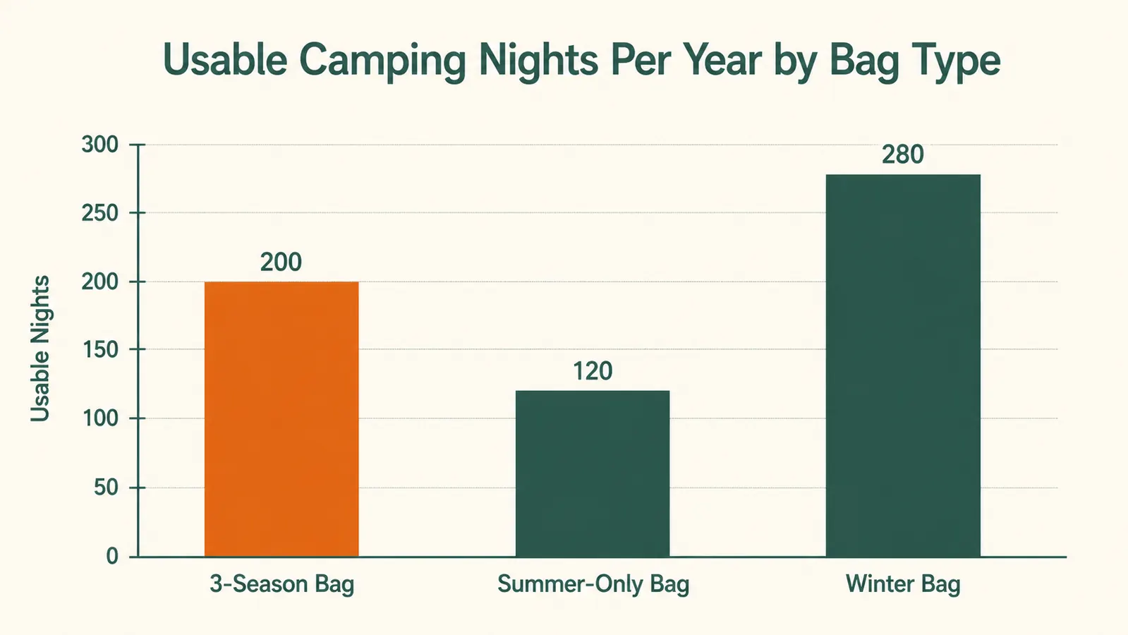 Chart showing temperature comfort range comparison between a summer bag rated 50F and a three-season bag rated 35F