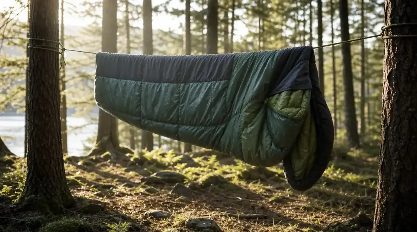 Camper reading by headlamp inside a sleeping bag on a cold night with frost visible on tent fabric