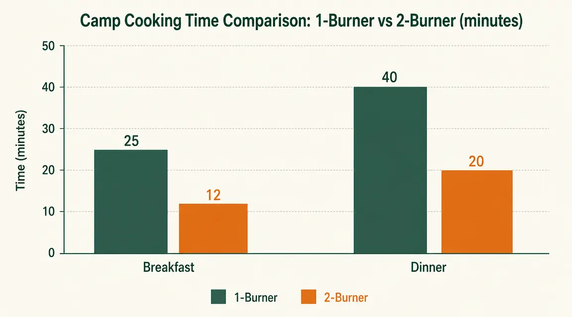 Side-by-side comparison diagram showing single-burner stove cooking timeline versus two-burner camp stove timeline for a four-person camp breakfast