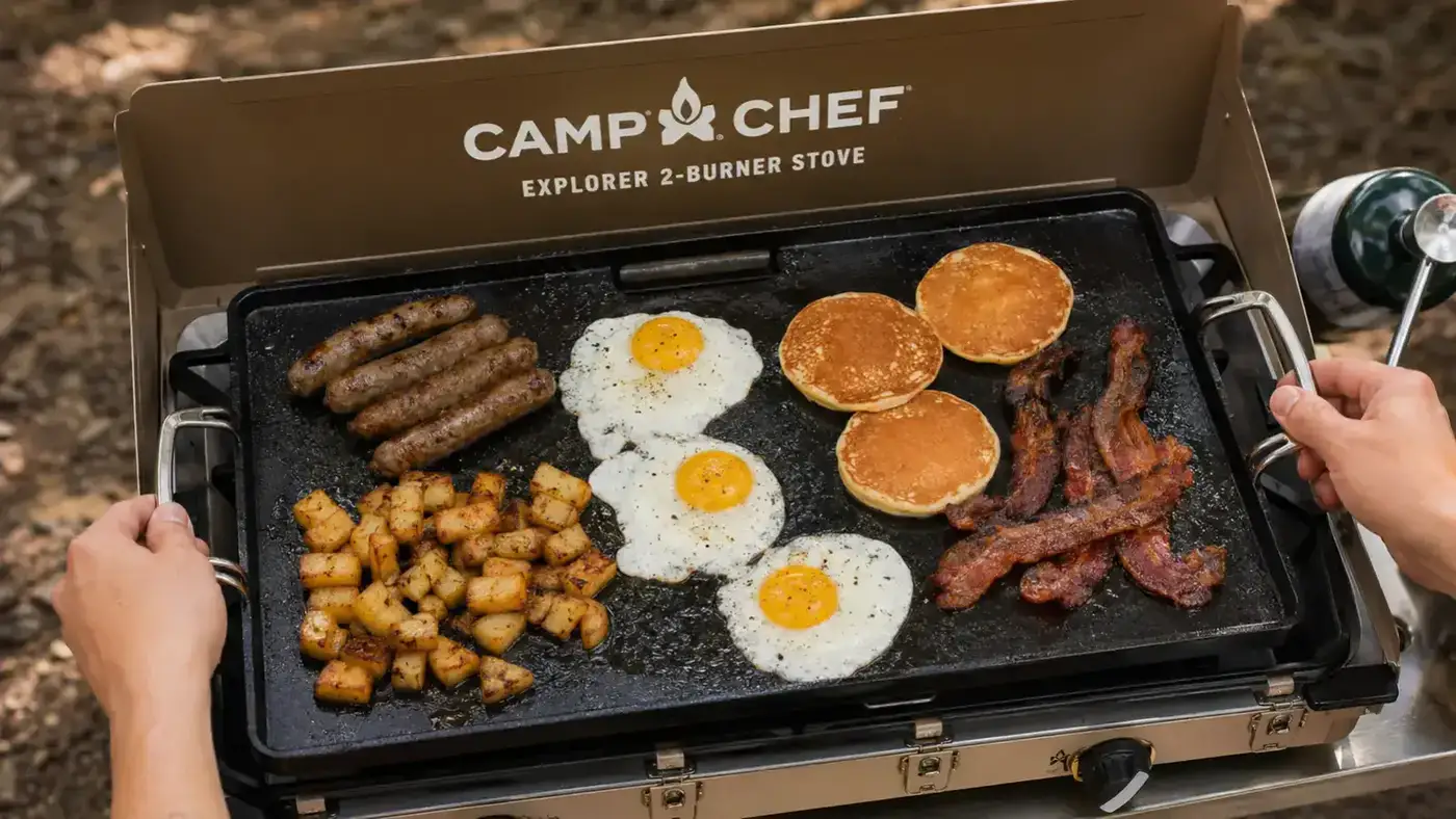 Camper using a Camp Chef Explorer stove to cook a large pot of chili while a skillet of cornbread sits on the adjacent burner