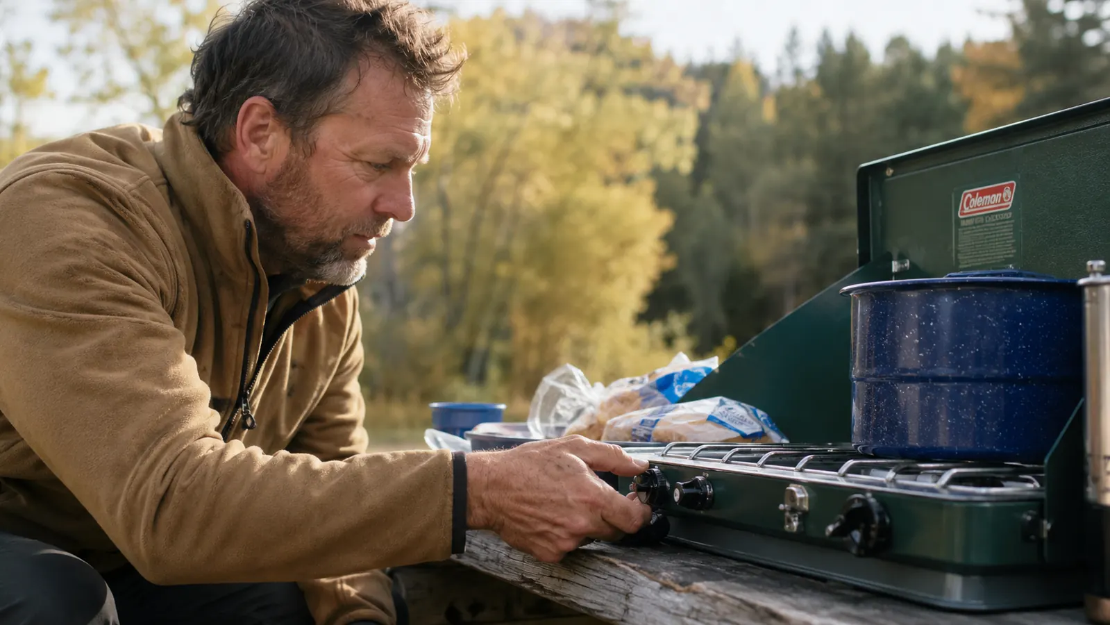 Overhead view of a two-burner camp stove packed into the back of a truck bed alongside a cooler and tent bag