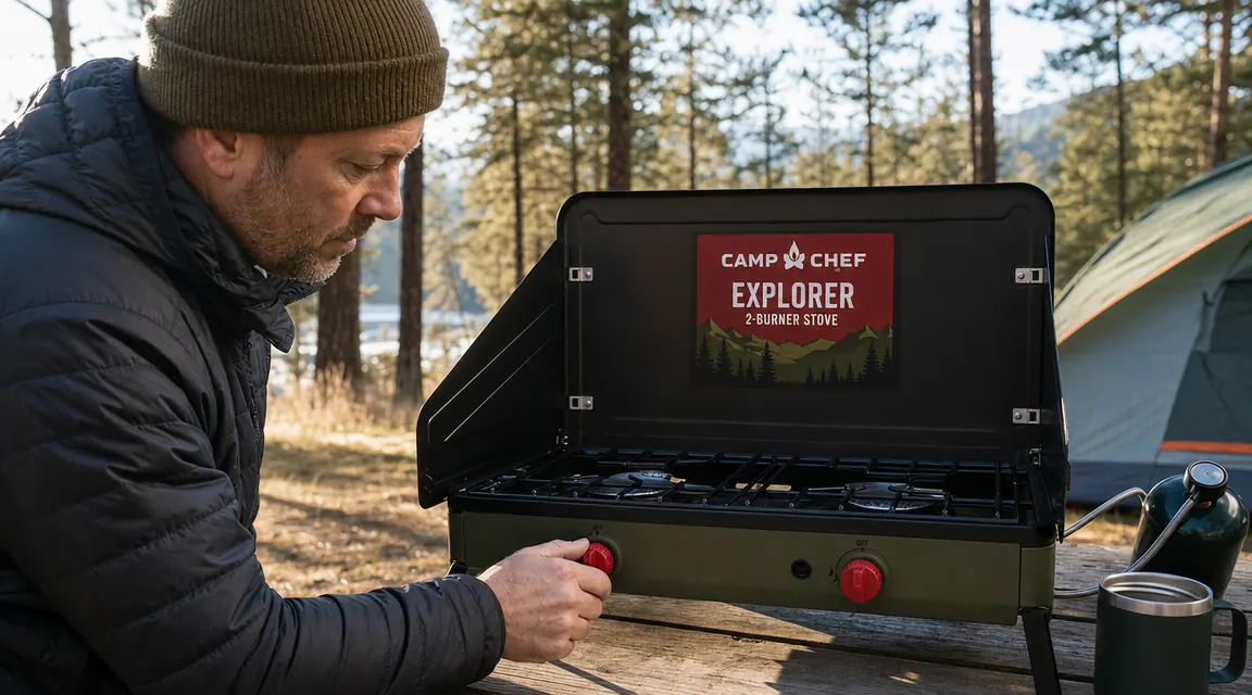Close-up of Camp Chef Explorer burner grate and control knobs, hand adjusting the left burner flame