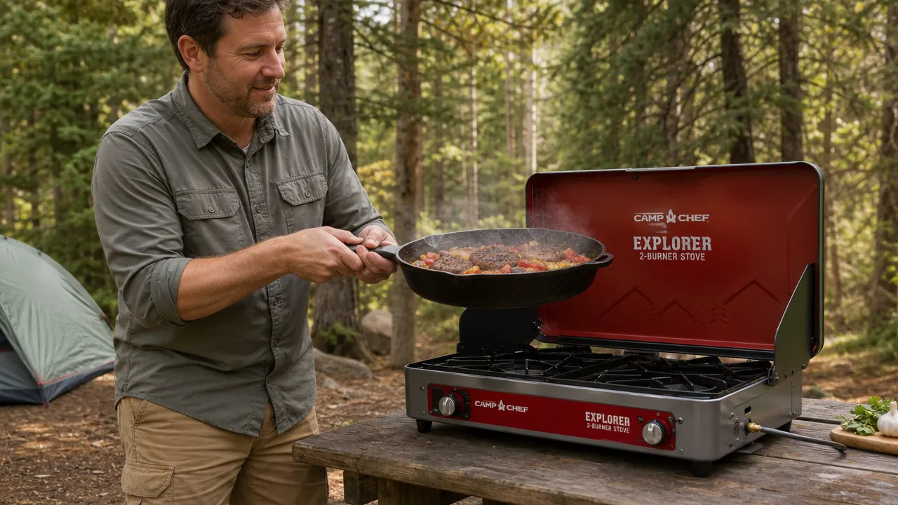 Camp Chef Explorer folded flat with carry handle, next to a truck tailgate for scale
