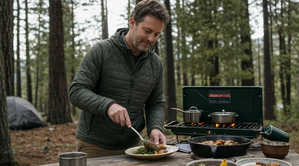 Camp Chef Explorer stove folded and standing upright in the back of a truck bed next to a cooler and duffel bags, ready for a camping trip