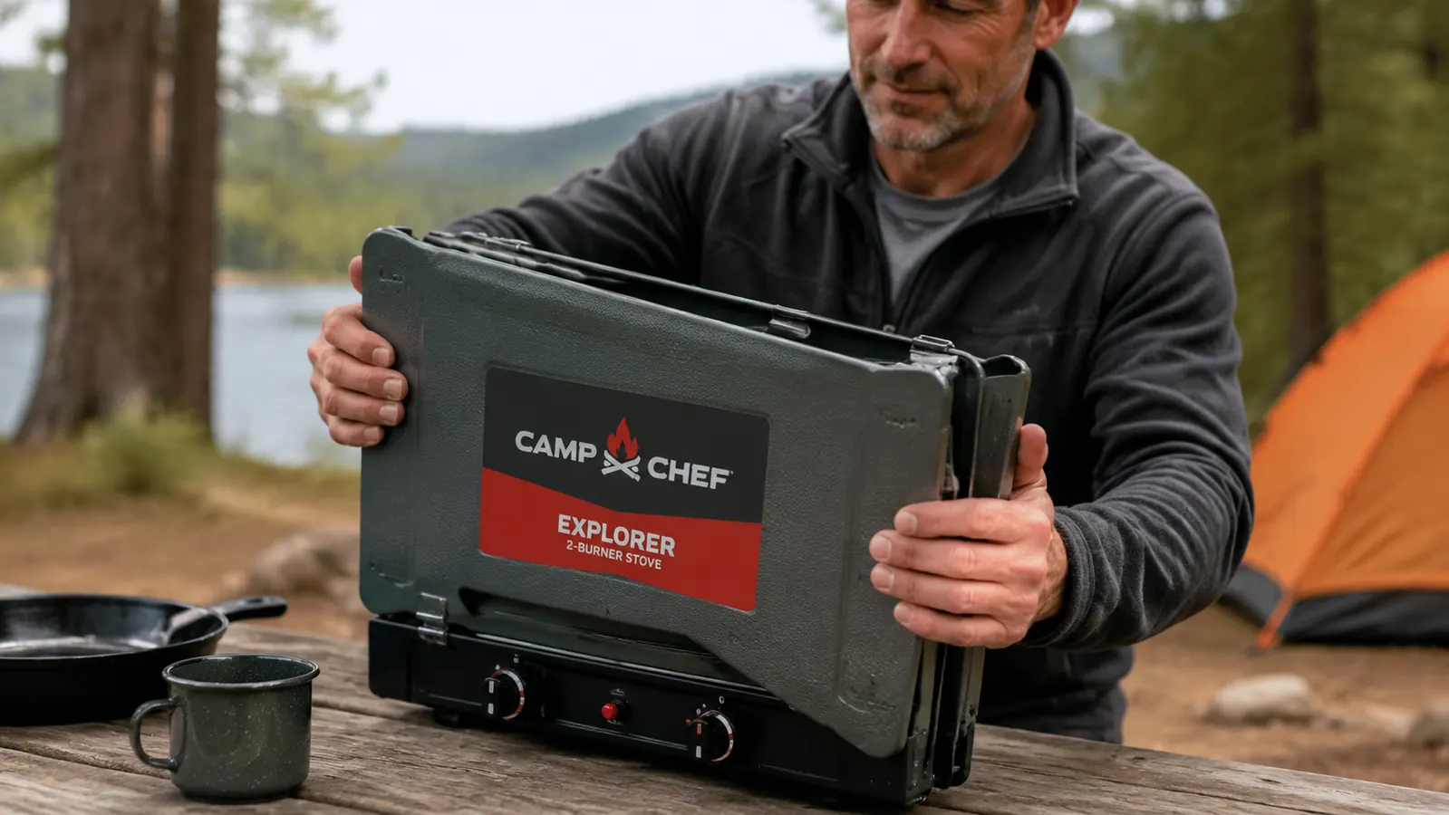 Camp Chef Explorer stove legs folded down on uneven ground, showing the adjustable leg system at a sloped campsite