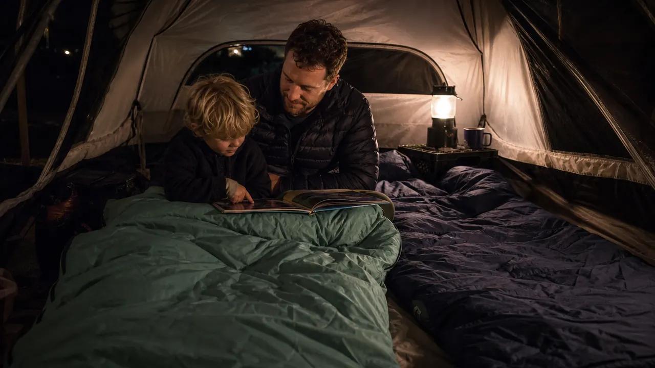 Two adults and three kids sitting inside an open family tent at a campsite with folding chairs and a camp table visible outside