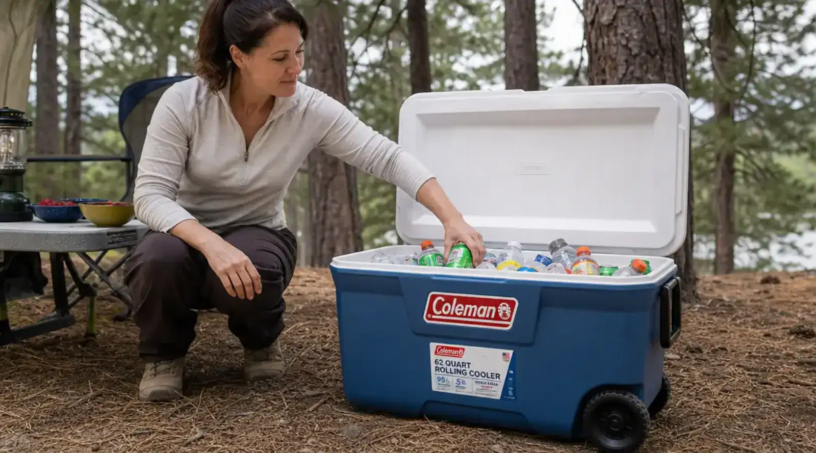 Coleman rolling cooler lid latch and hinge hardware inspected on a camping table, wear marks visible
