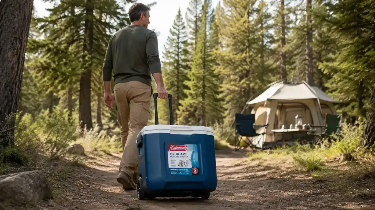 Hand pulling the telescoping handle on a Coleman rolling cooler, loading it from a car trunk at a trailhead