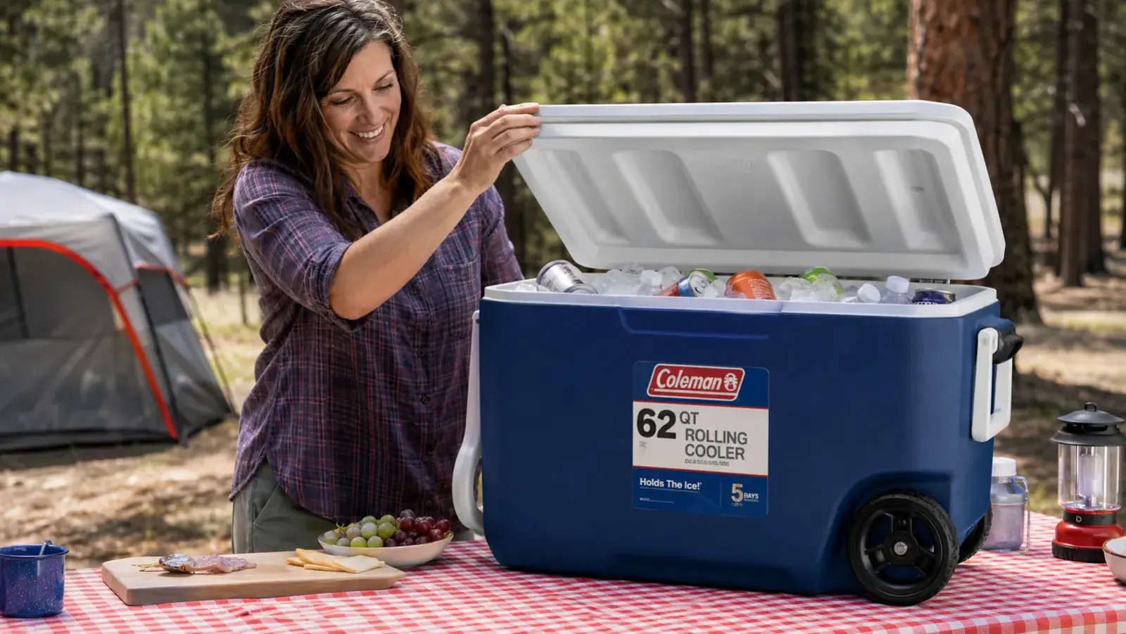 Interior view of the Coleman rolling cooler packed with block ice, meal prep containers, and drinks in organized layers