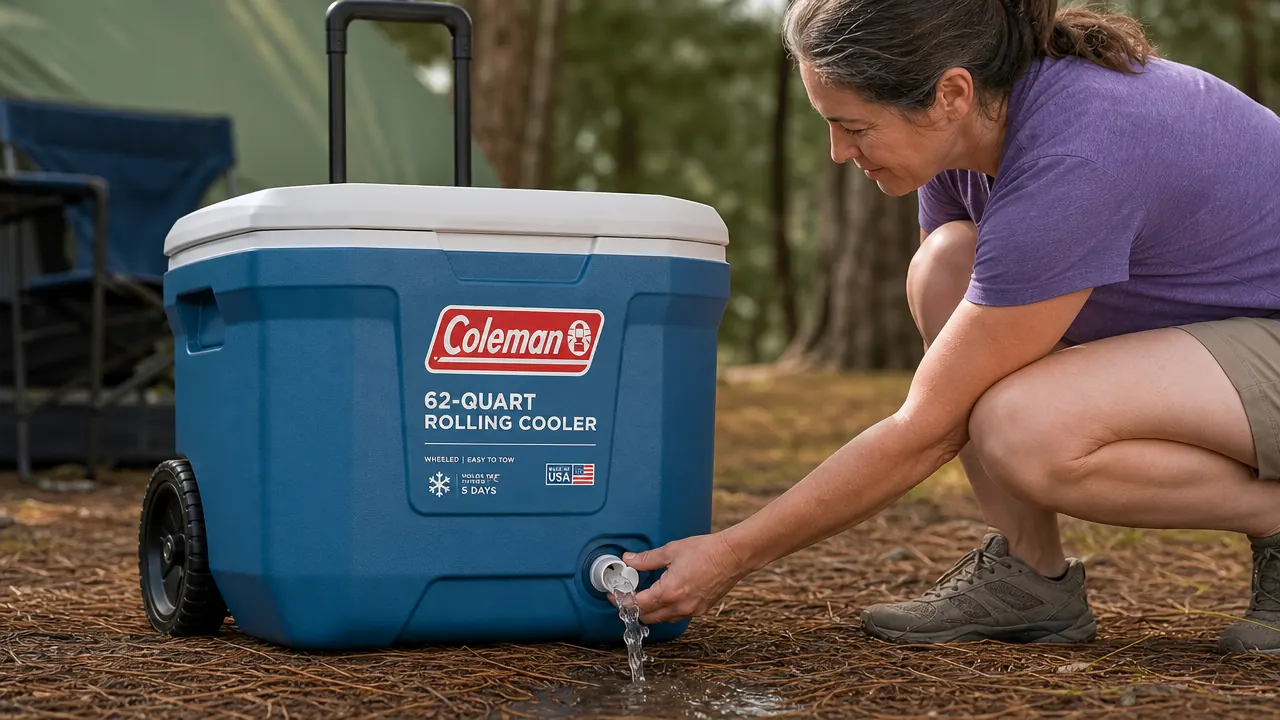 Close-up of the Coleman rolling cooler drain plug and lower drain channel showing water draining into grass