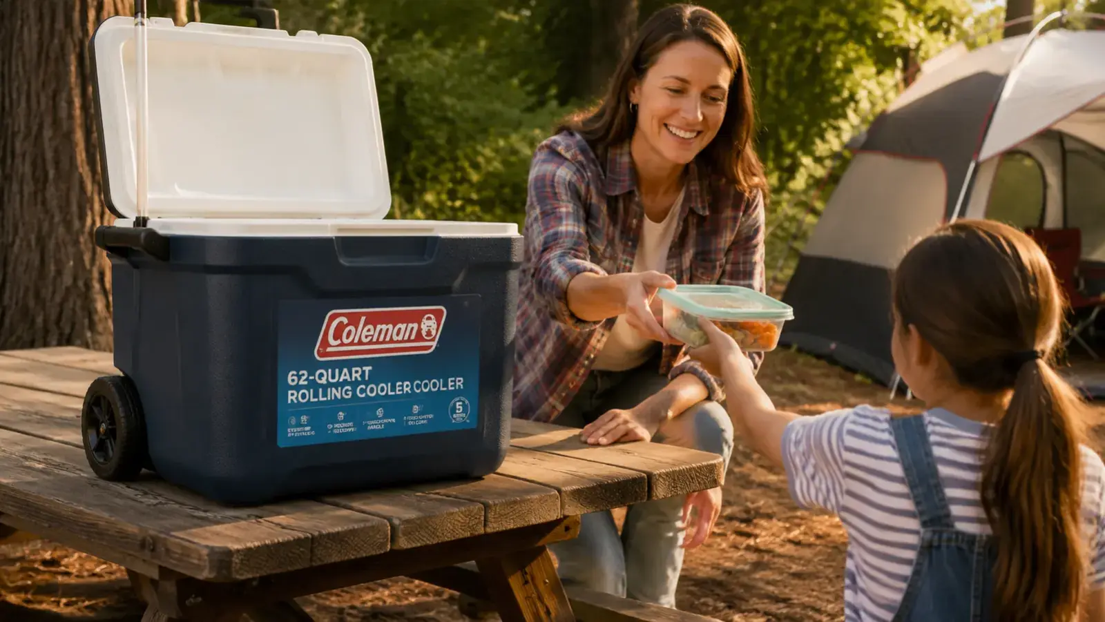 Coleman rolling cooler open beside a camp stove showing layered block ice and food storage inside
