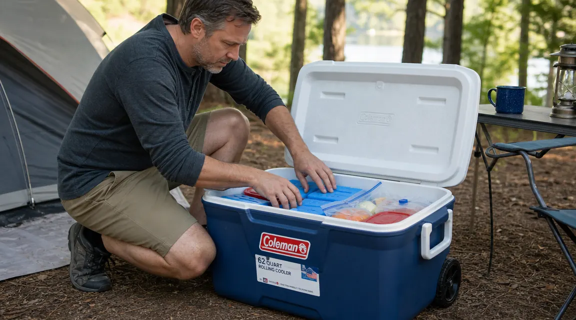 Hands layering block ice and cube ice inside a rolling cooler with food containers organized by meal type