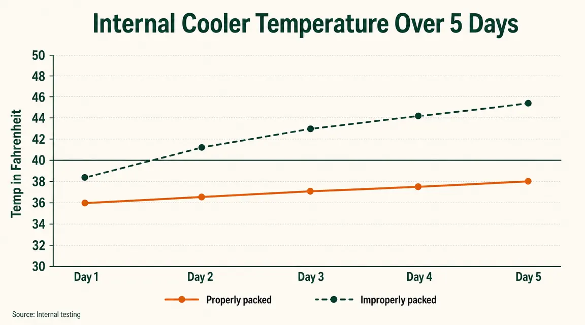 Chart showing internal cooler temperature over five days comparing block ice only versus cubed ice only packing methods