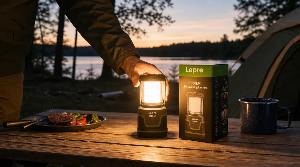 Hand plugging a USB-C cable into the charging port on the bottom of the Lepro camping lantern