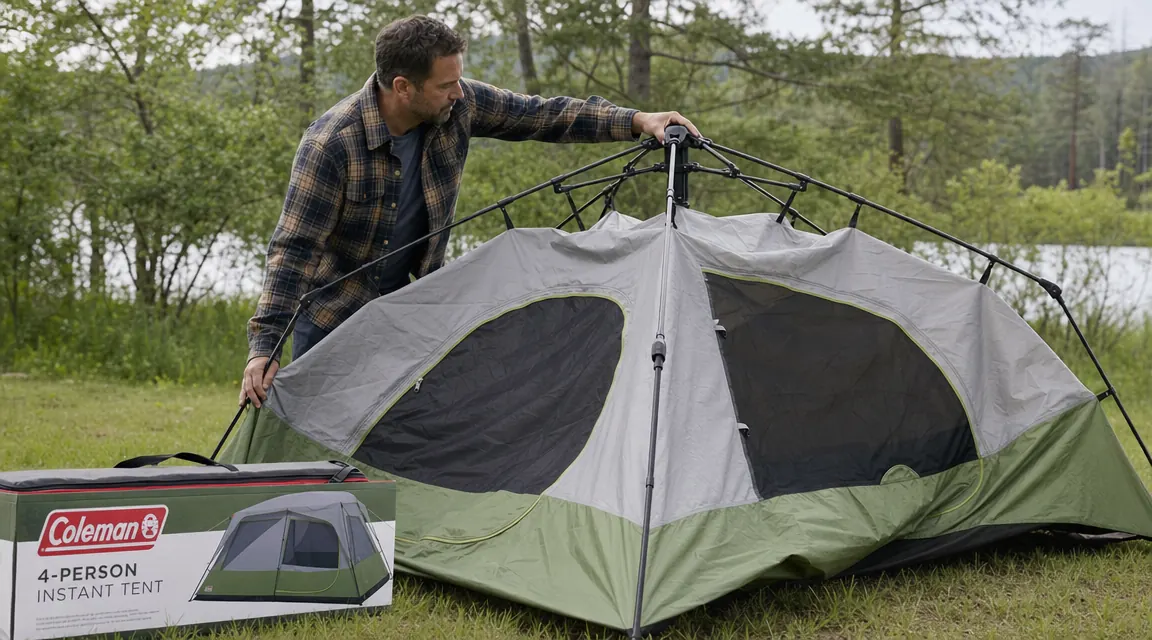 Hands gripping the center hub of a tent pole system, thumbs pressing the release button before unfolding