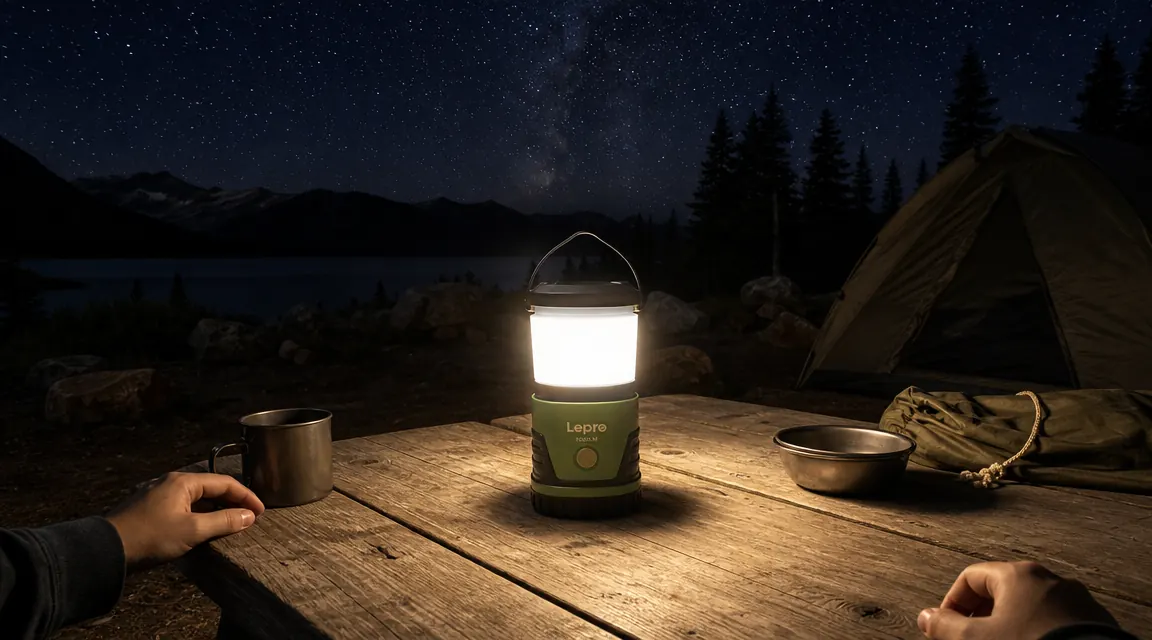Hand plugging a USB-C cable into the base of a Lepro camping lantern on a wood camp table
