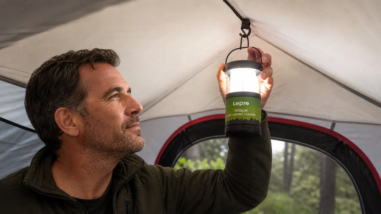 Hand holding the Lepro lantern above a camp stove setup, illuminating a cooking area at night