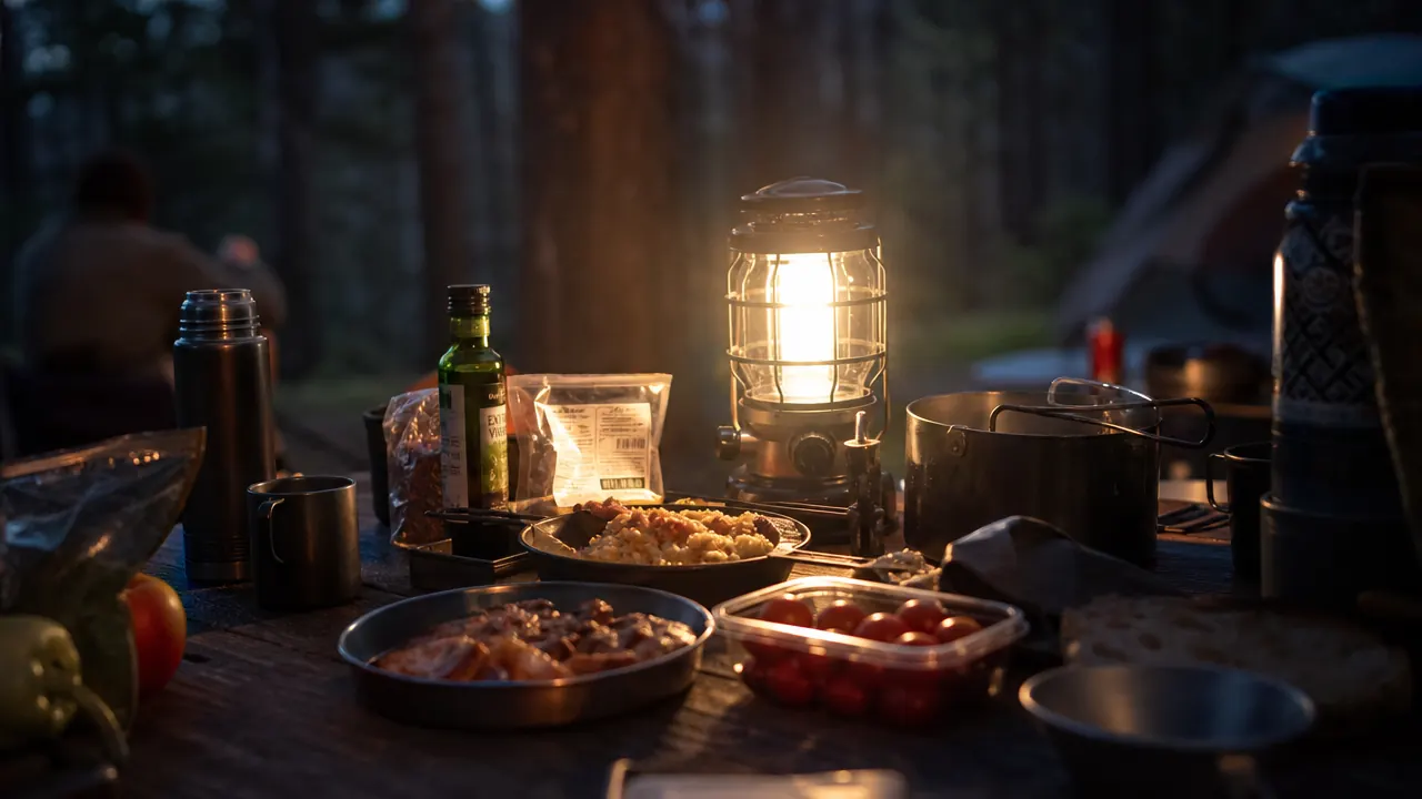 Camper charging a phone from a camping lantern USB port at a campsite picnic table