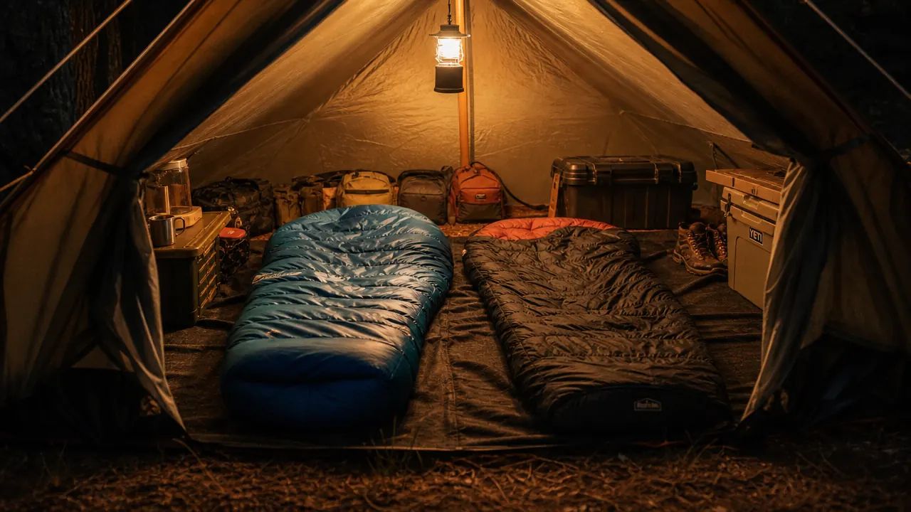 camper reading inside a sleeping bag by headlamp in a tent, cozy low-light scene