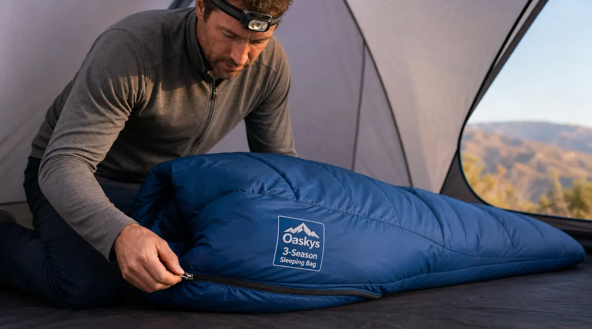 person sliding into the oaskys sleeping bag on a camp cot, zipper pull visible
