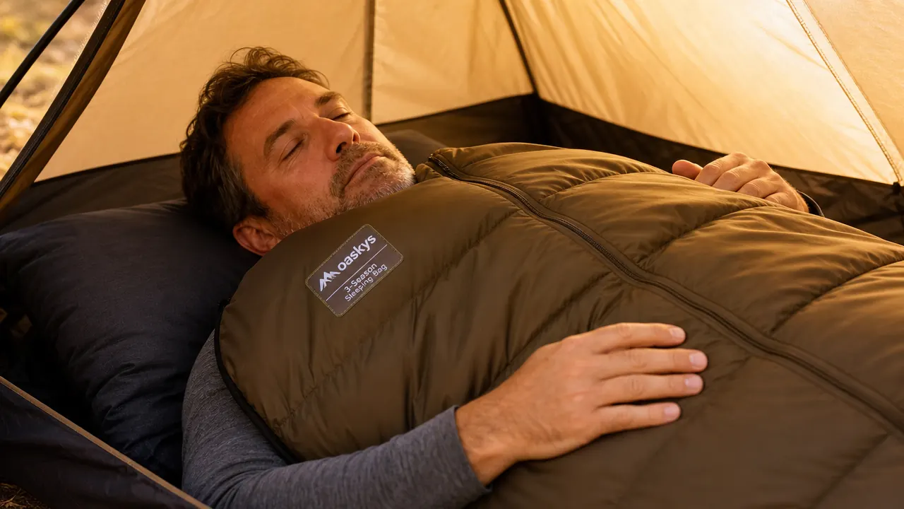 Man zipping up a blue sleeping bag inside a tent at night, lantern light visible